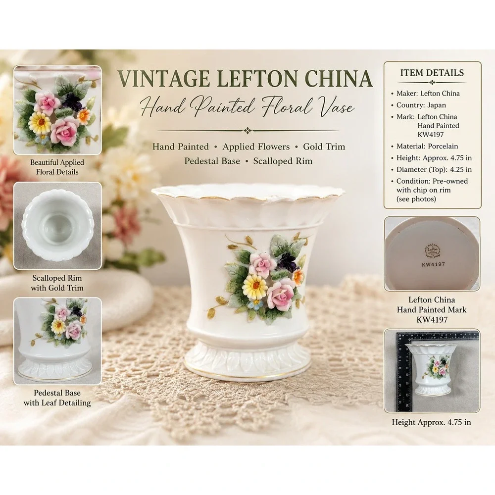 Lefton China Vintage Floral Porcelain Vase KW4197 Hand Painted White‎ Gold Trim